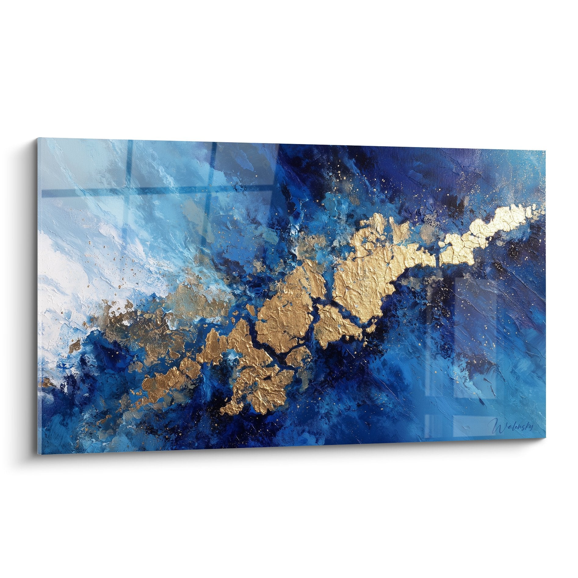Tableau abstrait bleu et doré aux mouvements fluides évoquant l'océan - Edition Feng shui Nord Eau