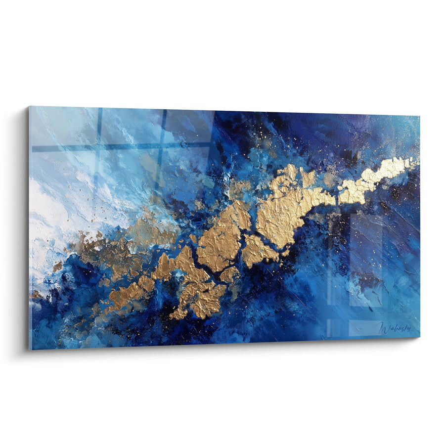 Tableau Abstrait Bleu et Doré avec Textures Fluides - Tempête d'Océan - Edition Feng shui Nord Eau