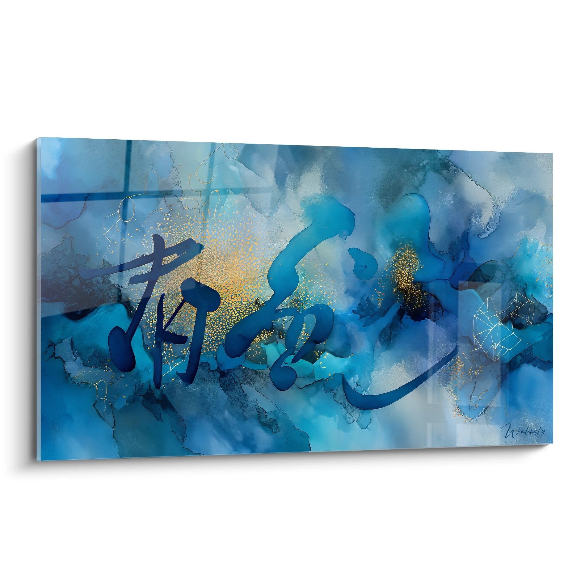 Tableau abstrait bleu et doré aux formes fluides évoquant un paysage océanique moderne
