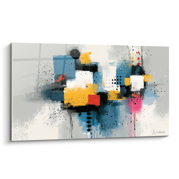 Tableau Composition bleu et jaune aux blocs superposés - Chaos organisé - Edition style Peinture abstrait