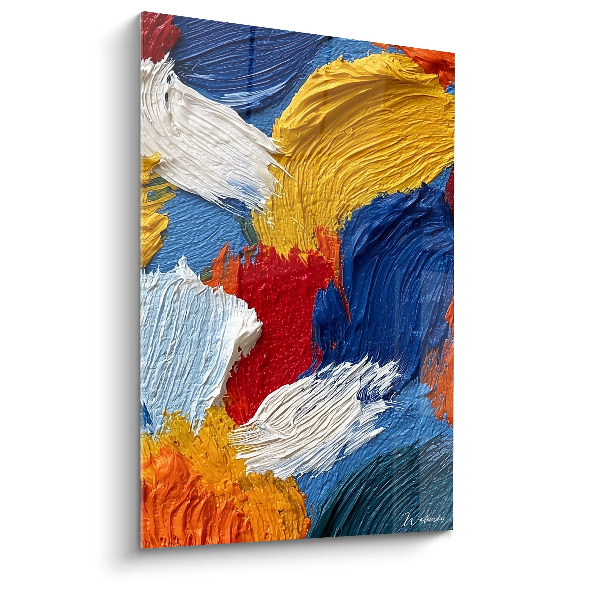 Empâtements bleu marine et jaune moutarde sur toile abstraite, matière épaisse au couteau