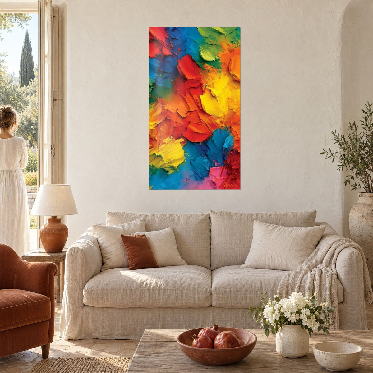 Quadro con pennellate a spatola rosso vivo e giallo limone, impasto spesso, una donna di spalle sopra un divano in un soggiorno luminoso