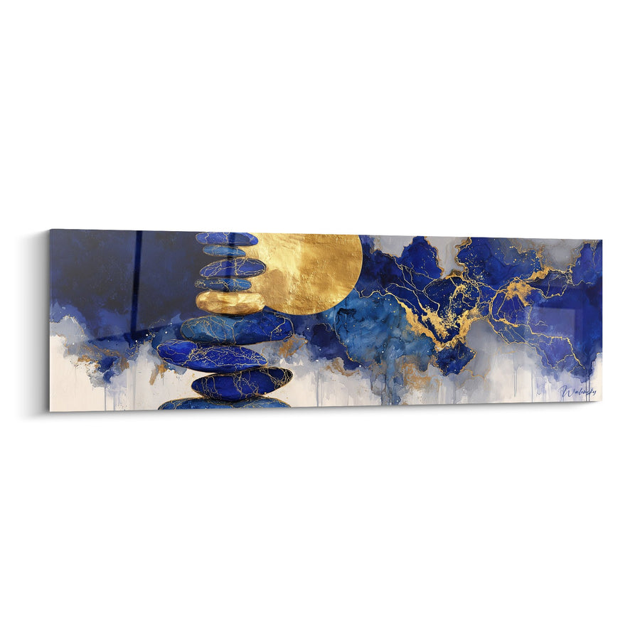Tableau Abstrait Bleu et Or avec Cercles et Formes Fluides - Harmonie Aquatique - Edition Feng shui Nord Eau