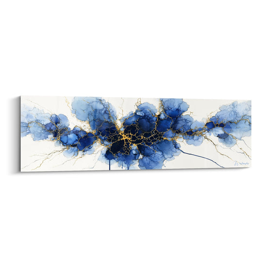 Abstract blauw-gouden schilderij met gescheurde gouden aderen - Hemelse Explosie - Abstract Marmer editie