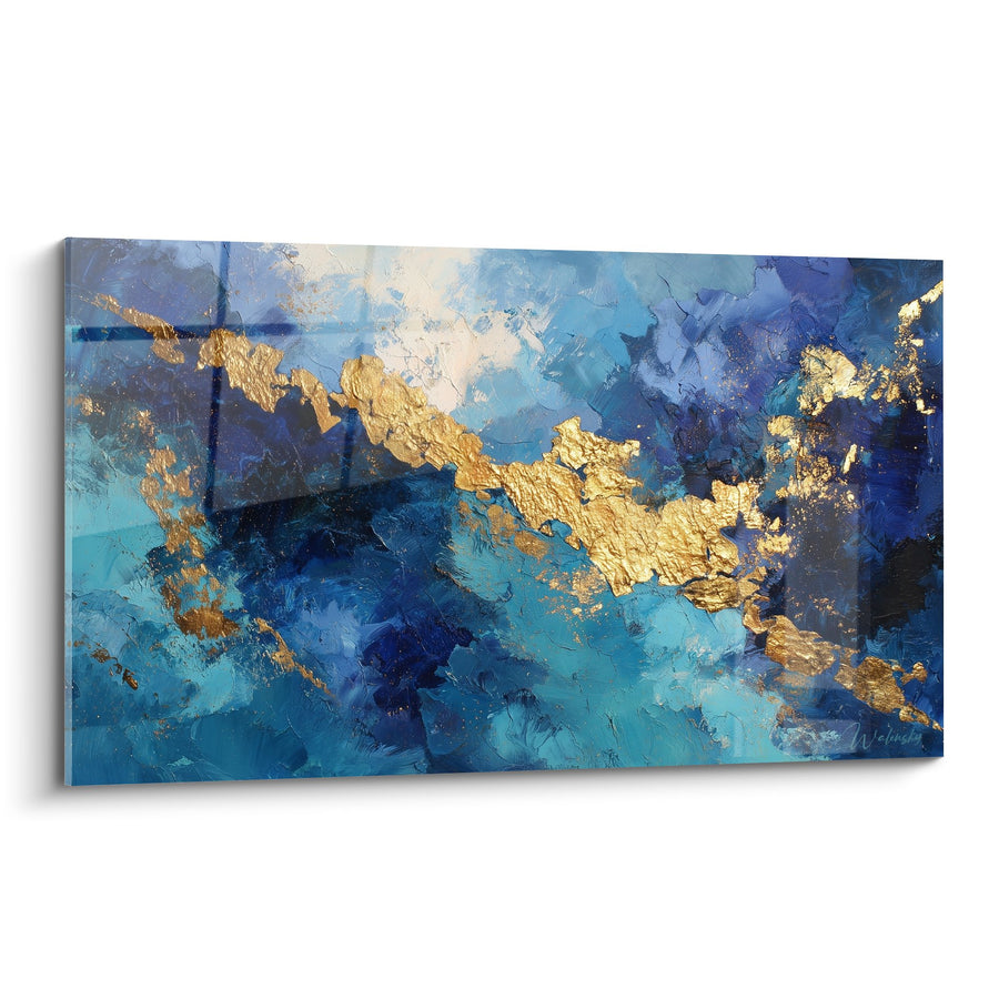 Tableau Abstract Bleu et Or aux Touches Dorées - Symphonie Océanique - Edition Feng shui Nord Eau