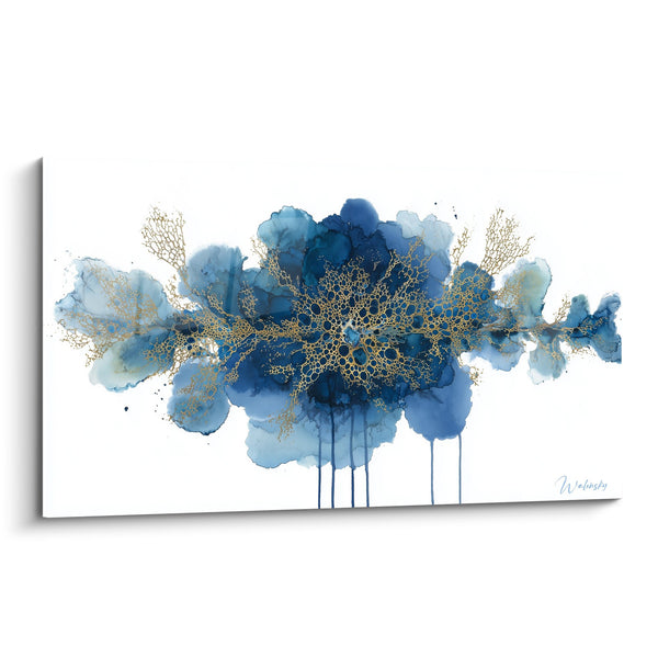 Abstract Painting Blue and Gold with Golden Coral Motifs - Aquatic Escape - Abstract Marble Edition