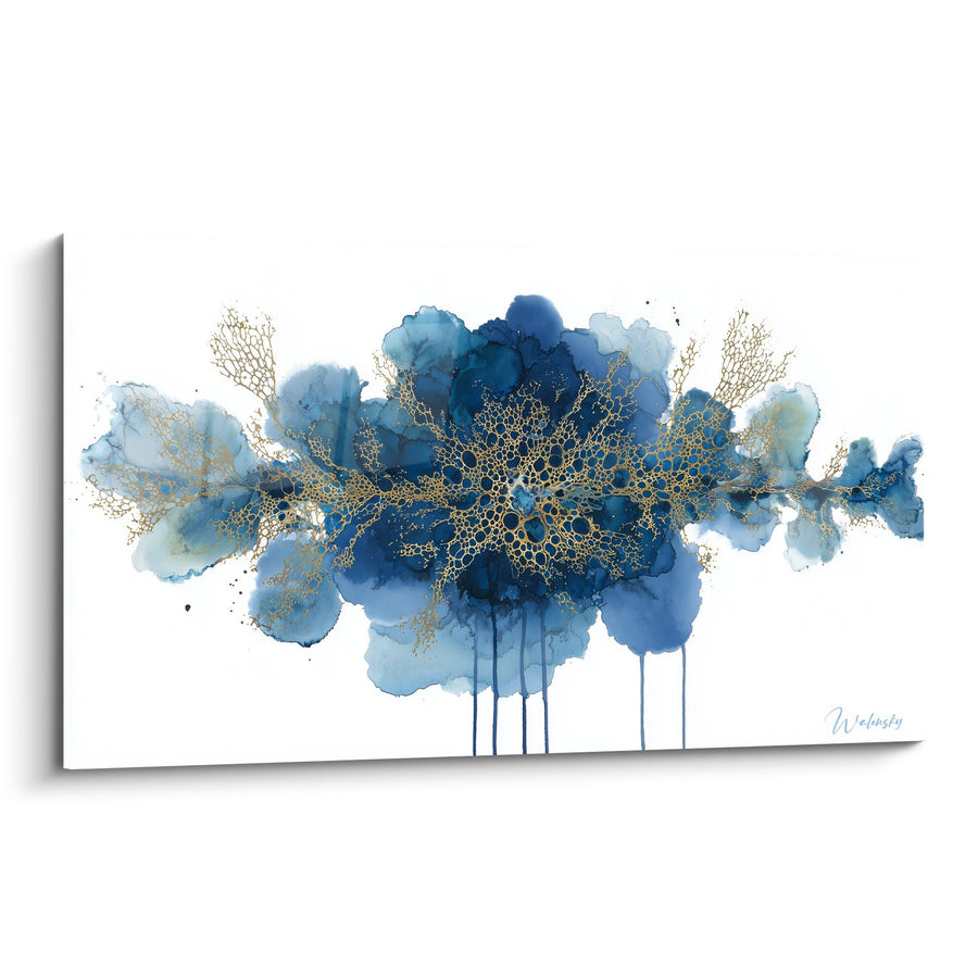 Gemälde abstrait blau und gold mit goldenen Korallenmotiven - Aquatische Flucht - Ausgabe abstraktes Marmor
