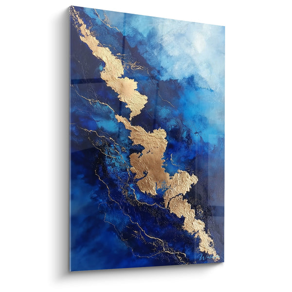 Abstract schilderij blauw en goud met gouden aders - Vloeibaar Mineraal - Feng shui Noord Water Editie