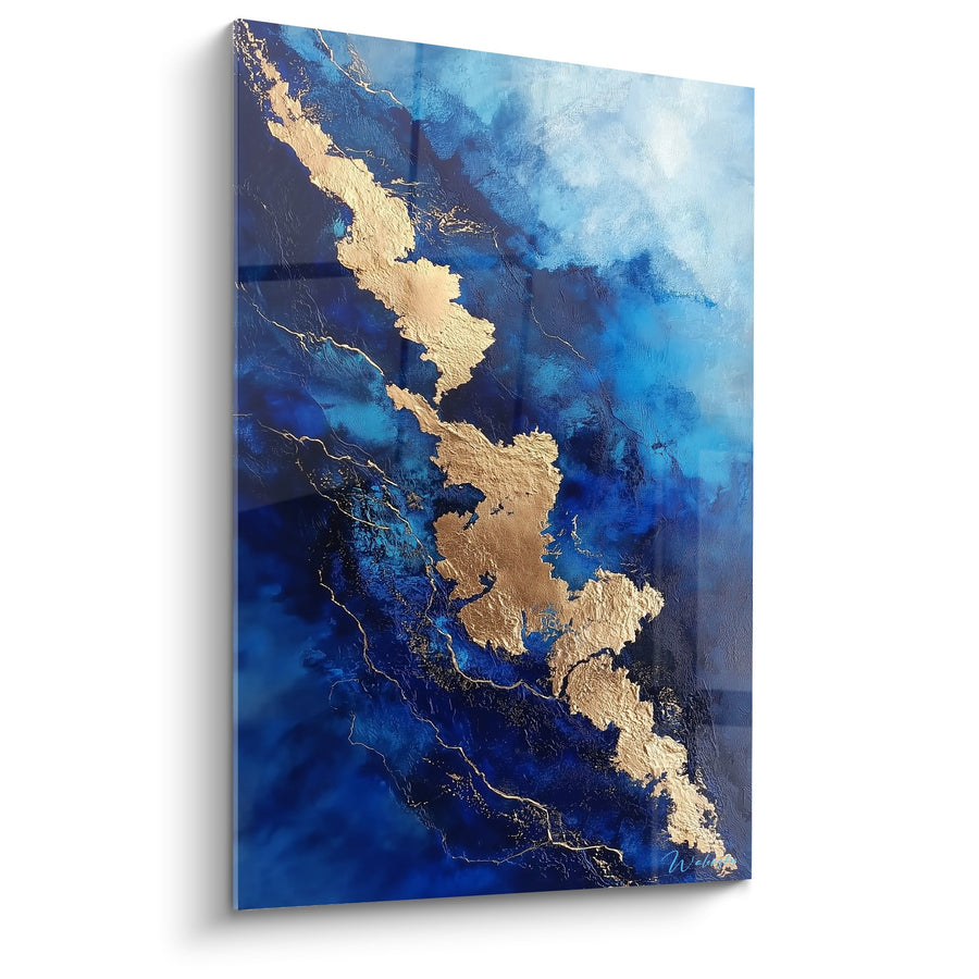 Tableau Abstrait Bleu et Or aux Veines Dorées - Fluide Minéral - Edition Feng shui Nord Eau