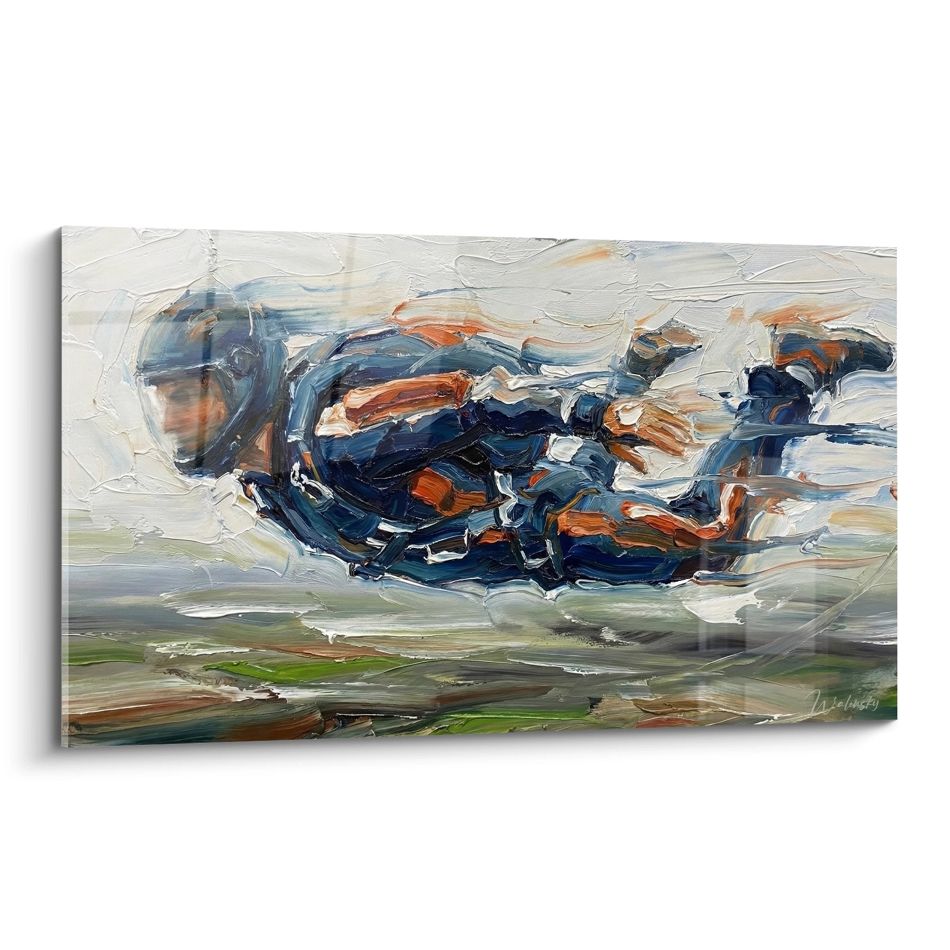 Tableau abstrait bleu orange mouvement dynamique edition parachute chute libre