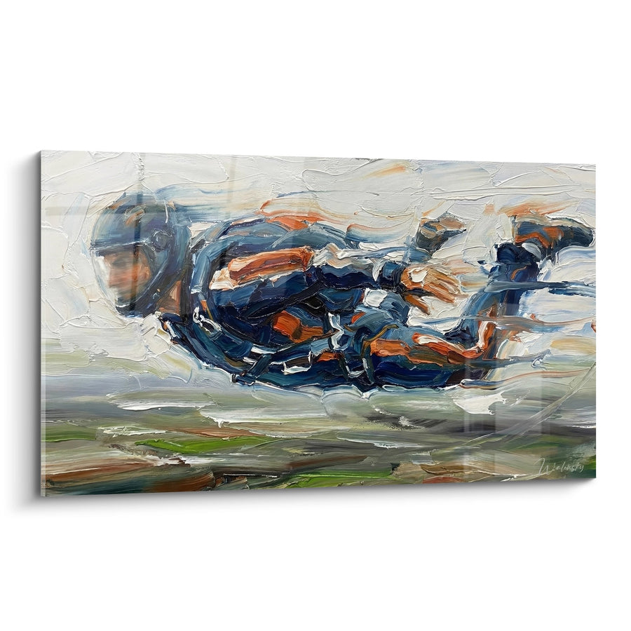 Tableau Abstrait Bleu et Orange en Mouvement - Chute Dynamique - Edition Parachute