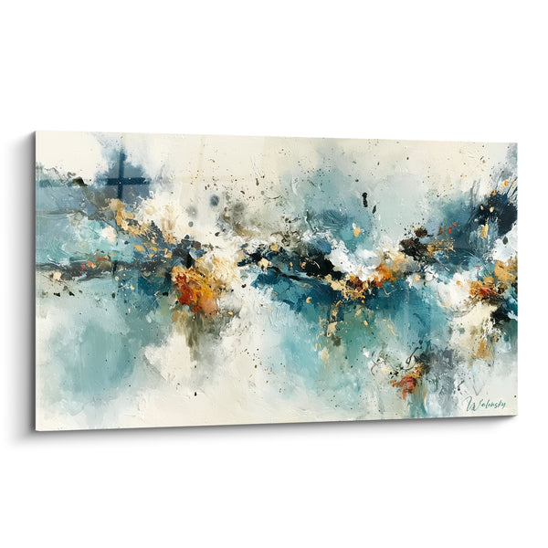 Tableau Vagues bleu pétrole et éclats ocre - Écume dorée - Edition style Peinture abstrait