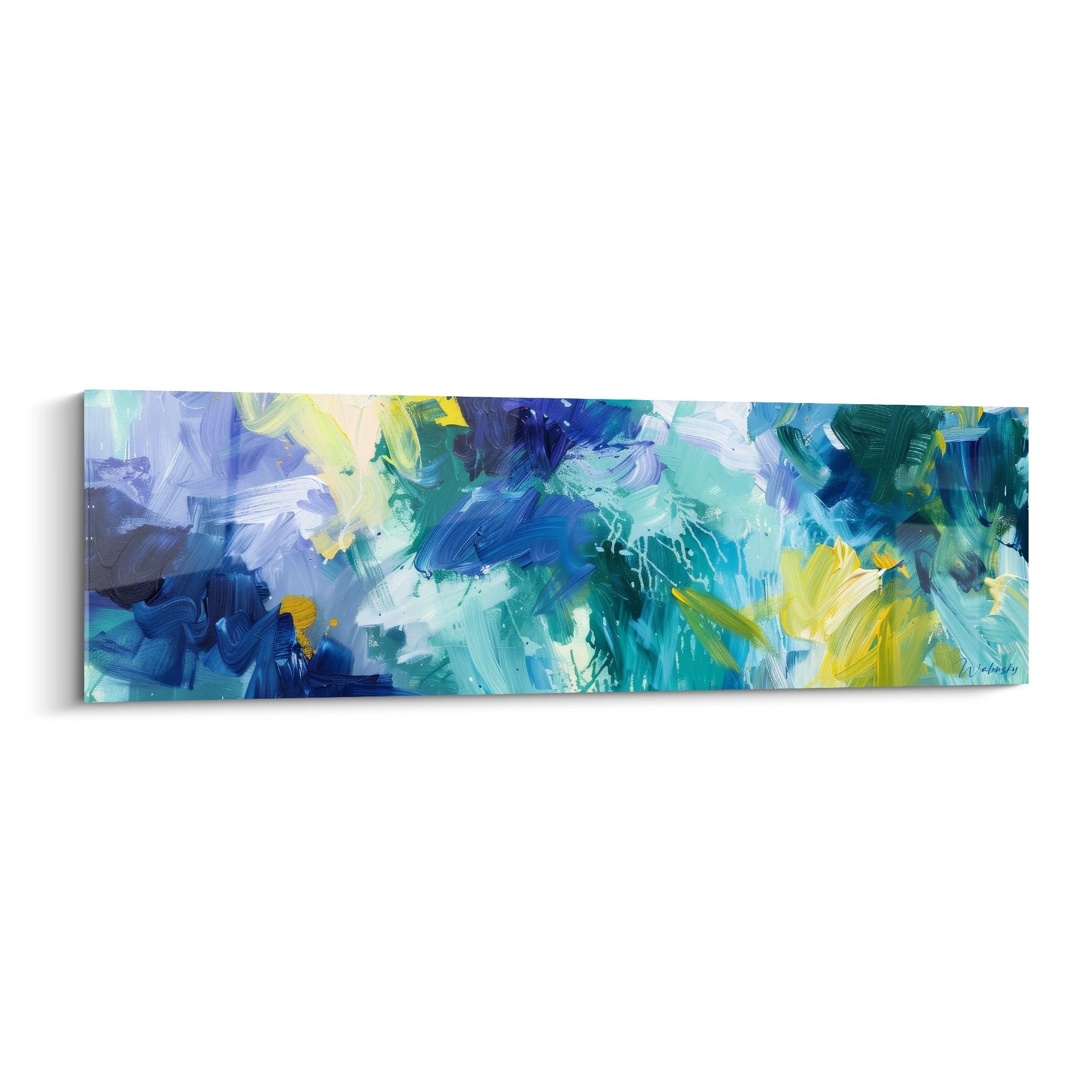 Tableau abstrait expressionniste bleu turquoise avec touches dorées pour décoration murale moderne