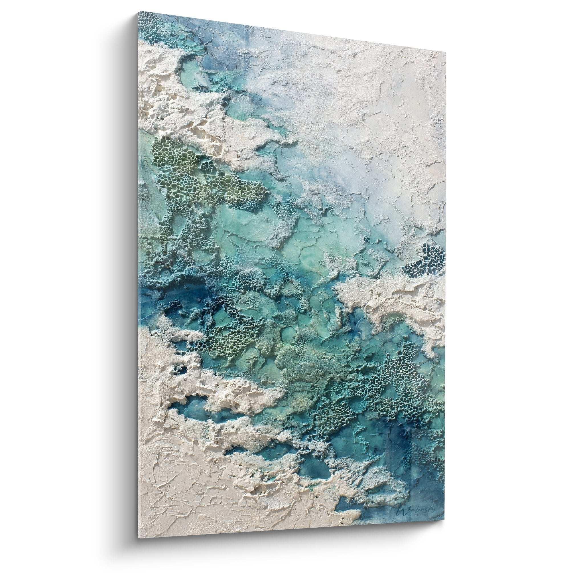 Abstract textural blue turquoise white relief coral artwork feng shui north water
