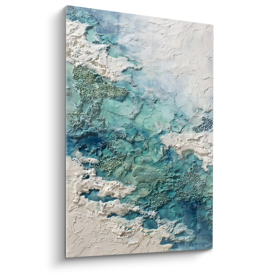 Tableau Abstrait Bleu Turquoise et Blanc avec Textures Marines - Vagues Cristallines - Edition Feng shui Nord Eau