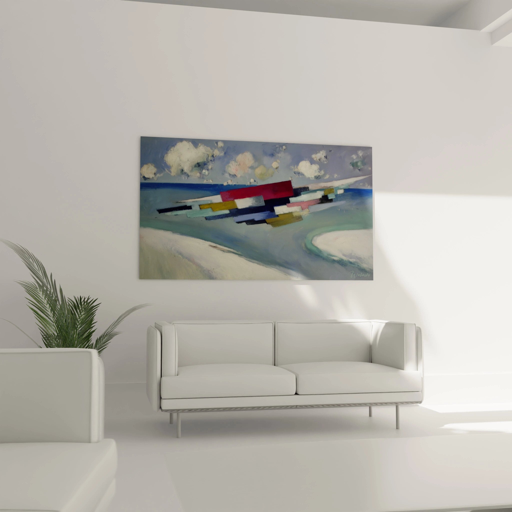 tableau abstrait dadaïsme Walensky au-dessus d'un canapé blanc, peinture géométrique colorée évoquant mer et ciel