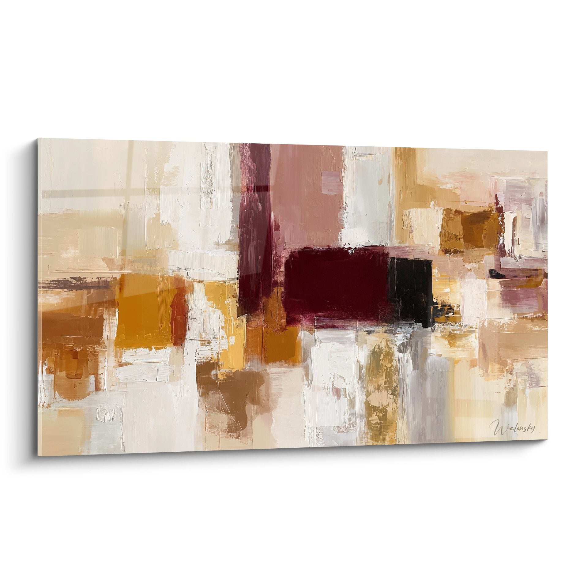 Tableau abstrait moderne tons bordeaux ocre beige composition gestuelle Feng shui Sud Feu decoration murale