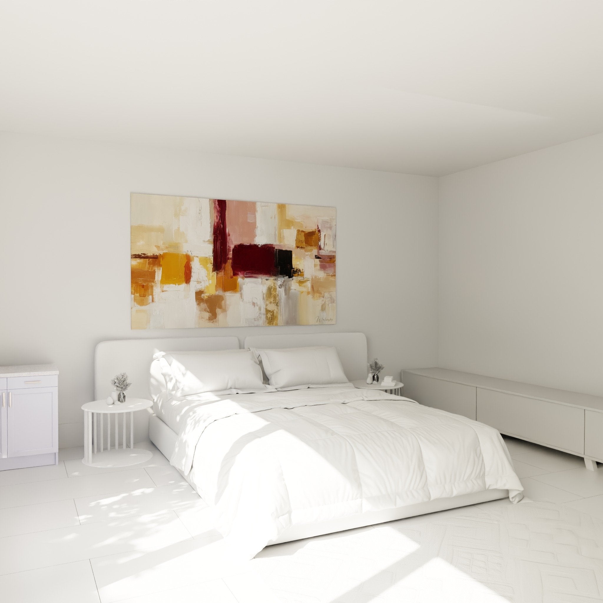 Tableau abstrait bordeaux ocre dans chambre moderne decoration murale harmonieuse Feng shui Sud Feu