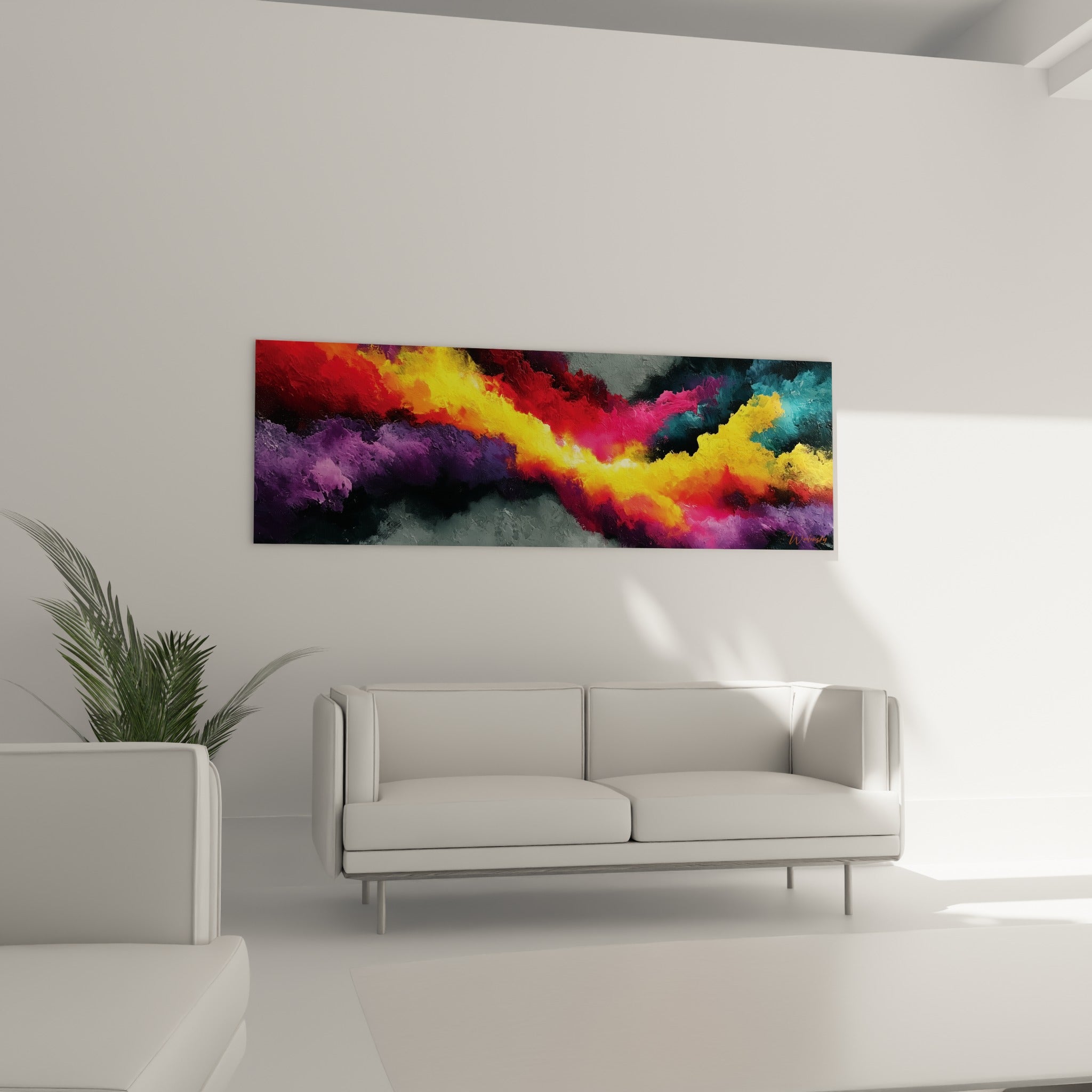 Éclat rouge et doré de style Peinture abstrait au-dessus d'un canapé dans un salon lumineux
