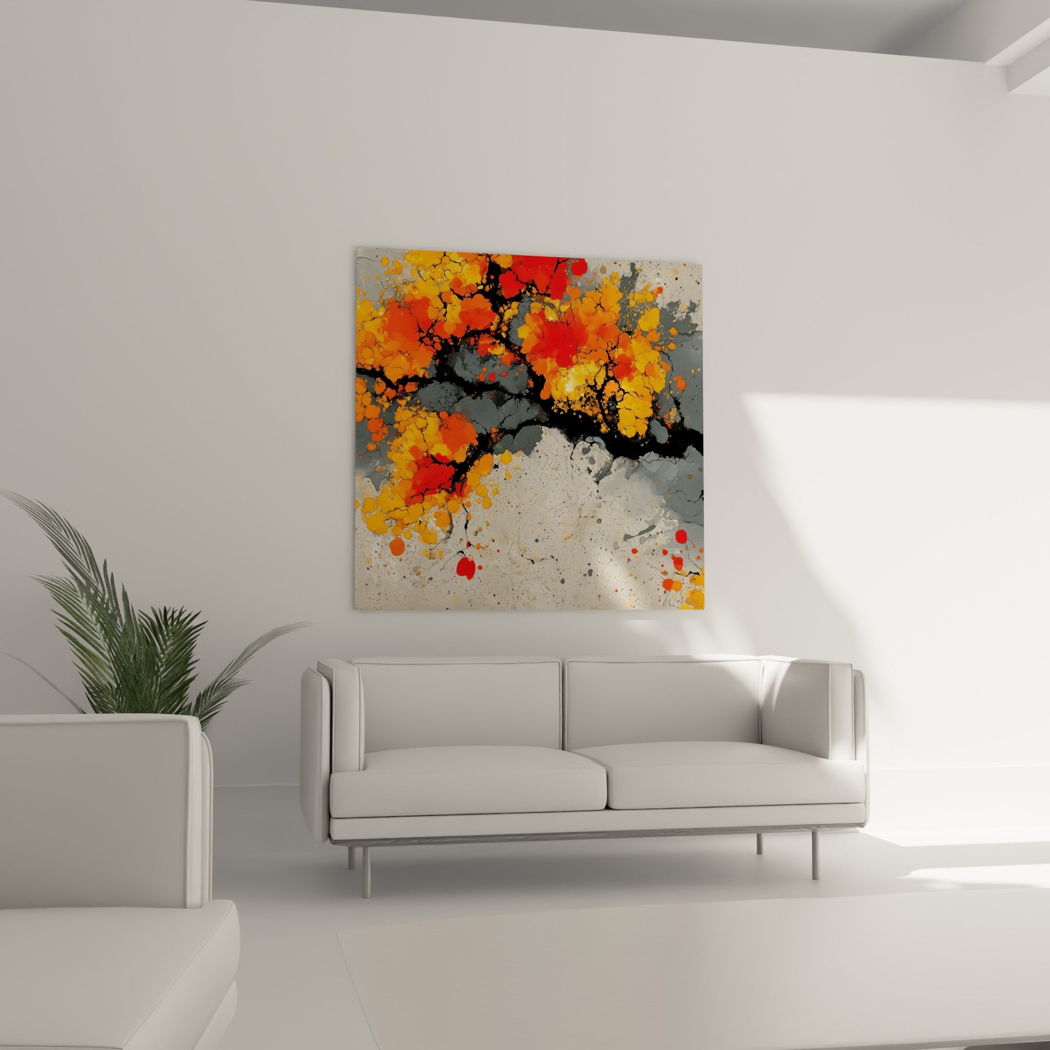 Fleurs orange et rouge vif jaillissant d'une branche noire au-dessus d'un canapé dans un salon lumineux
