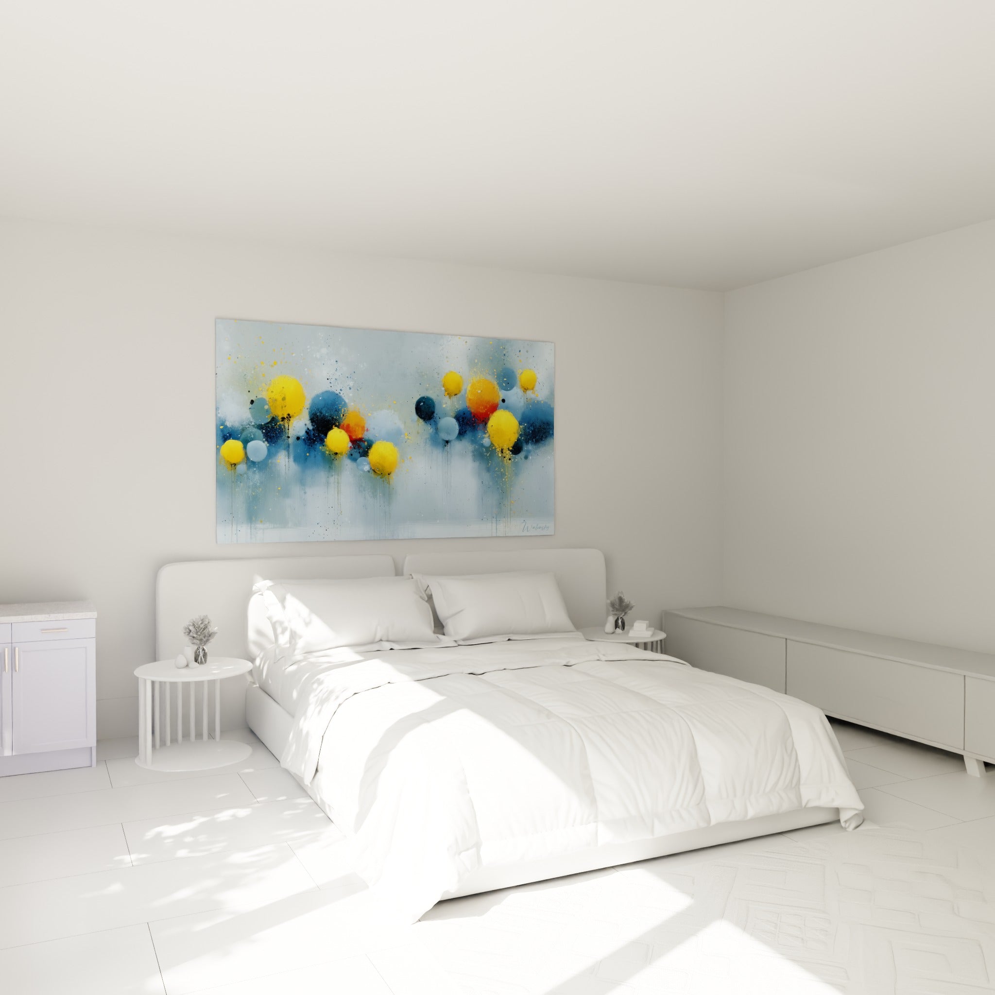 Bulles dorées et anthracite flottant sur fond bleu pastel, accrochées au-dessus d'un lit dans une chambre claire