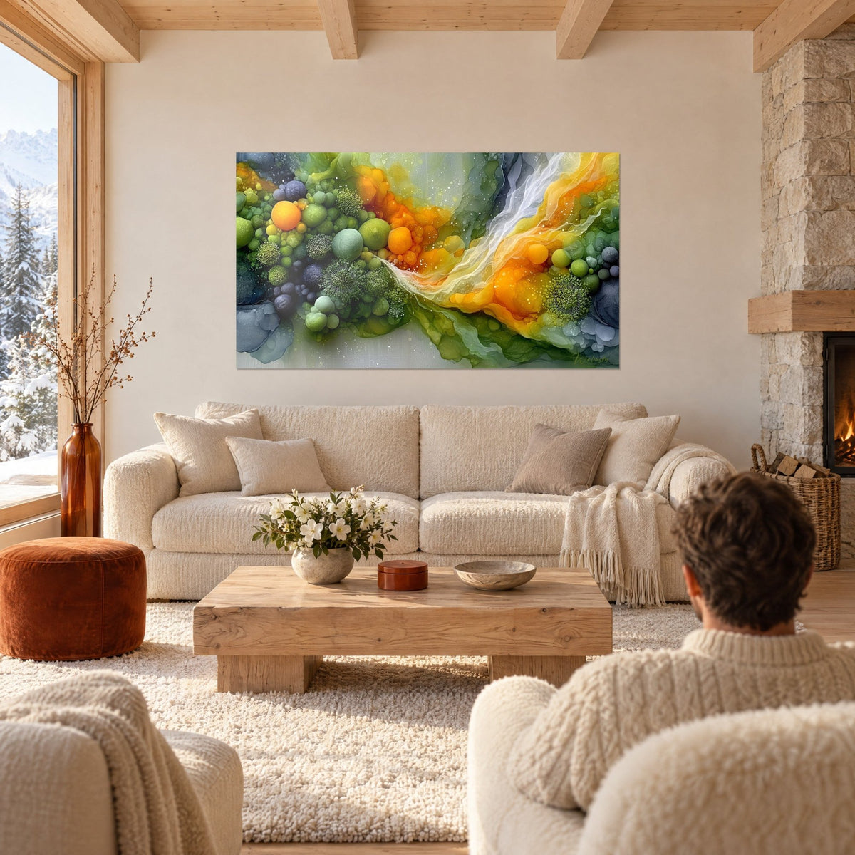 Tableau abstrait de sphères vertes et orange en relief, ruban blanc diagonal, homme de dos, au-dessus d'un canapé dans un salon lumineux