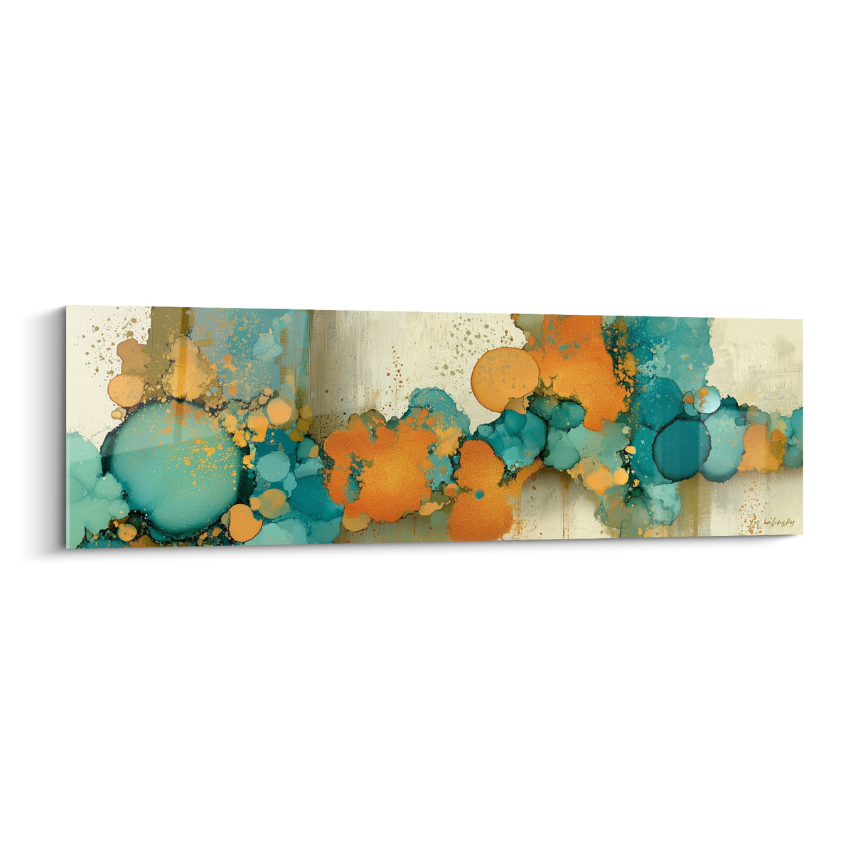 Bulles turquoise et orange fondues sur fond ivoire, tableau style Peinture abstrait en plein cadre