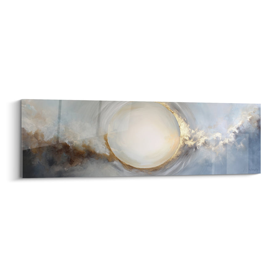 Tableau abstrait cercle doré sur nuages bleus et bruns - Harmonie Céleste - Edition Feng shui Ouest Métal