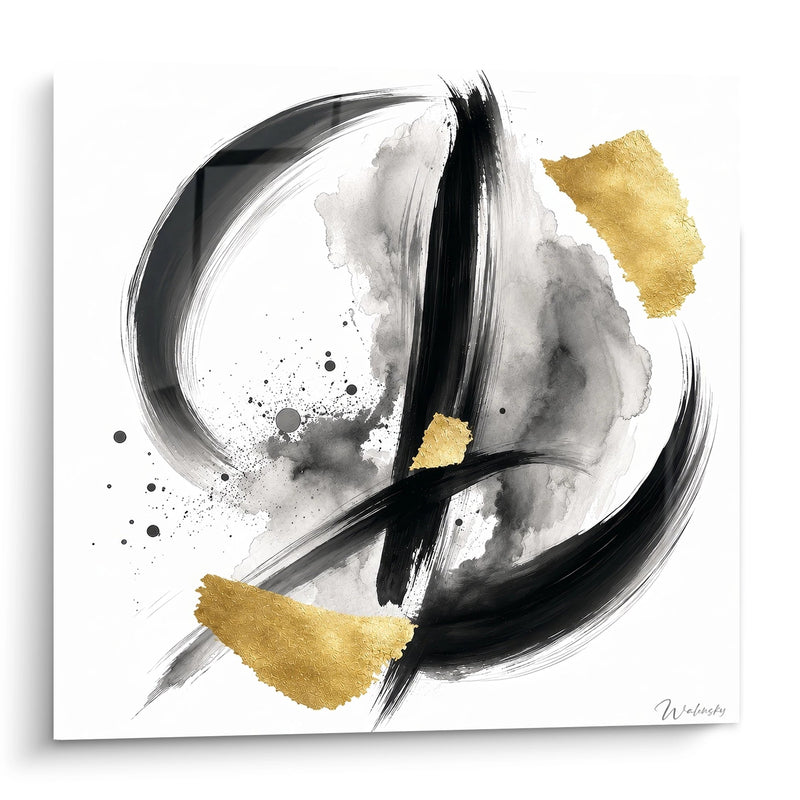 Tableau cercle de coups de pinceau noirs et éclats de feuille d'or sur fond blanc et gris nuageux - Cercle d'Or - Edition abstrait