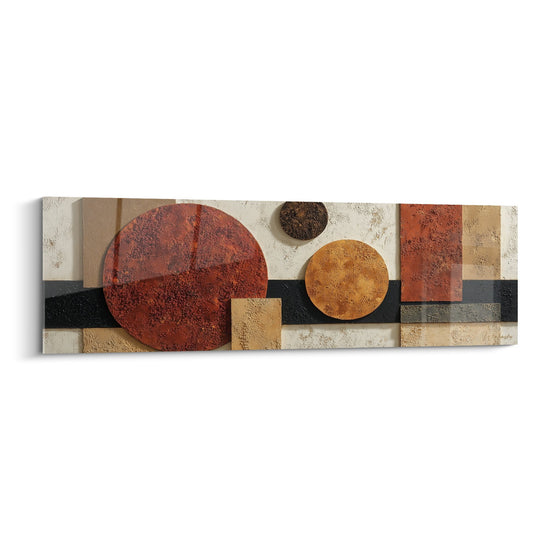 Tableau abstrait composition geometrique cercles ocre rouille beige bande noire feng shui terre moderne