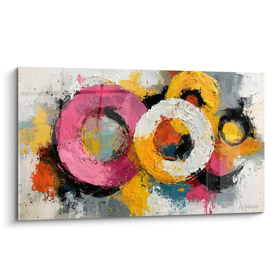 Cercles peints en rose fuchsia, jaune et blanc texturé sur fond crème abstrait