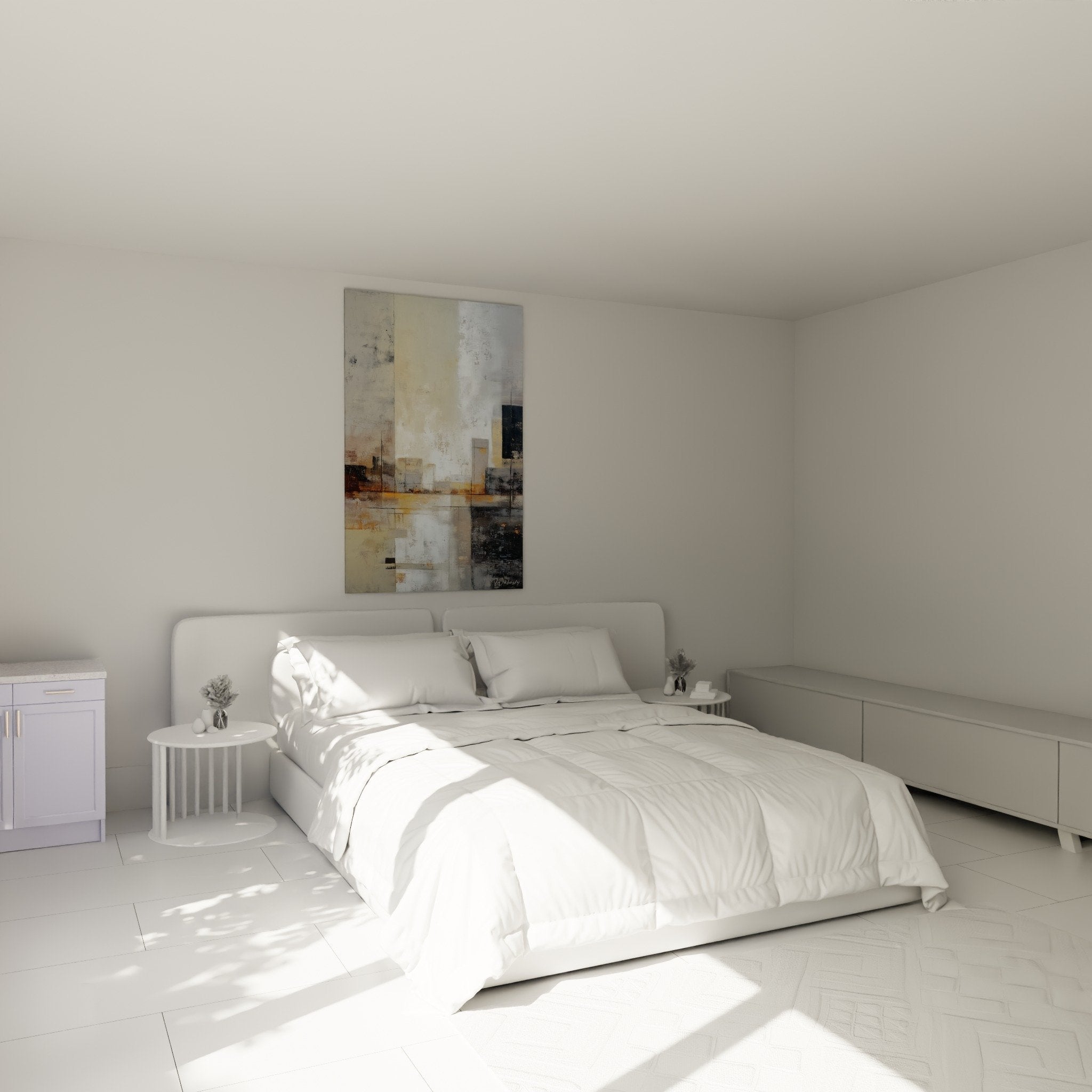 Abstract beige gray gold wall art in modern bedroom feng shui west metal decor soothing ambiance