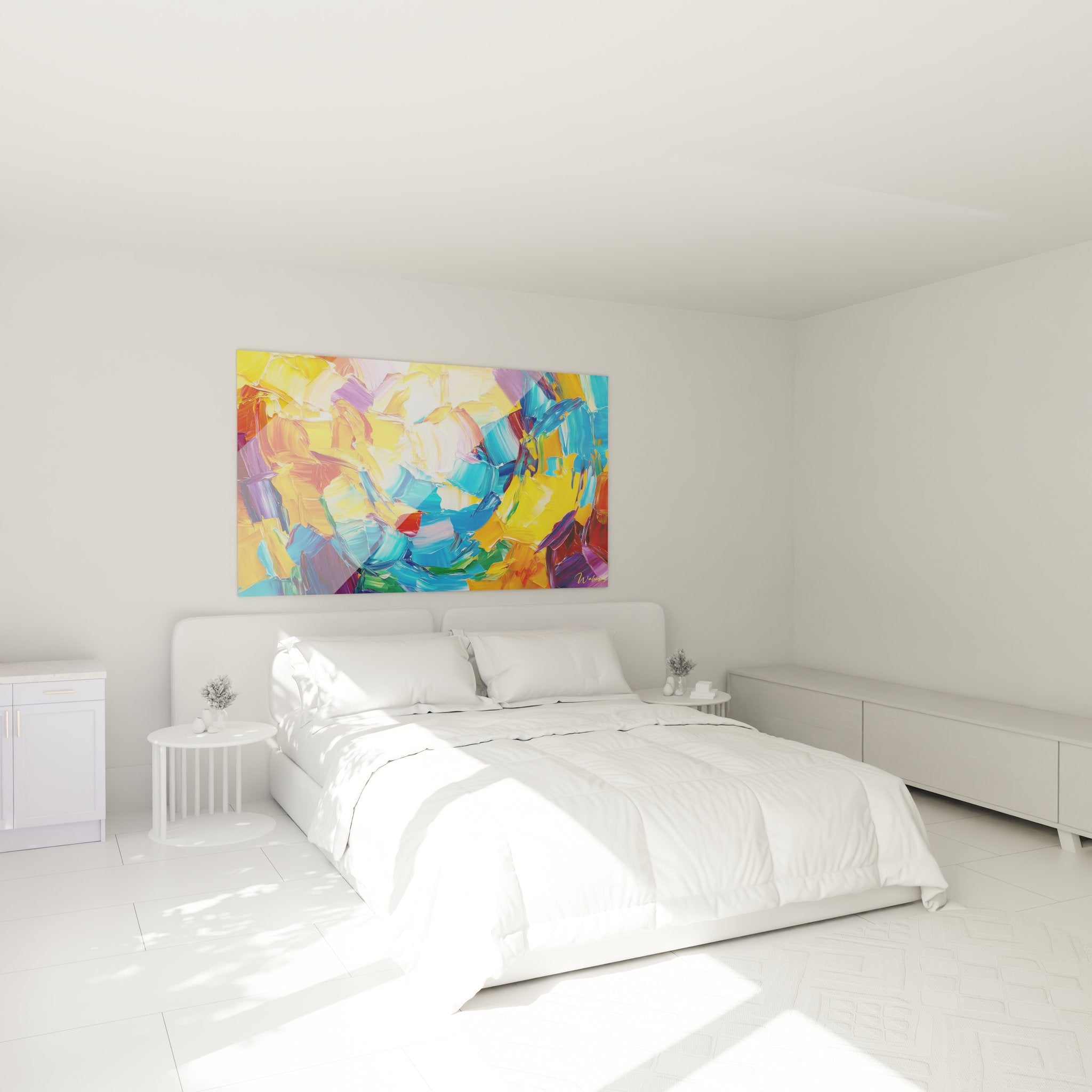 Tableau mural abstrait coloré dans ambiance chambre moderne décoration contemporaine
