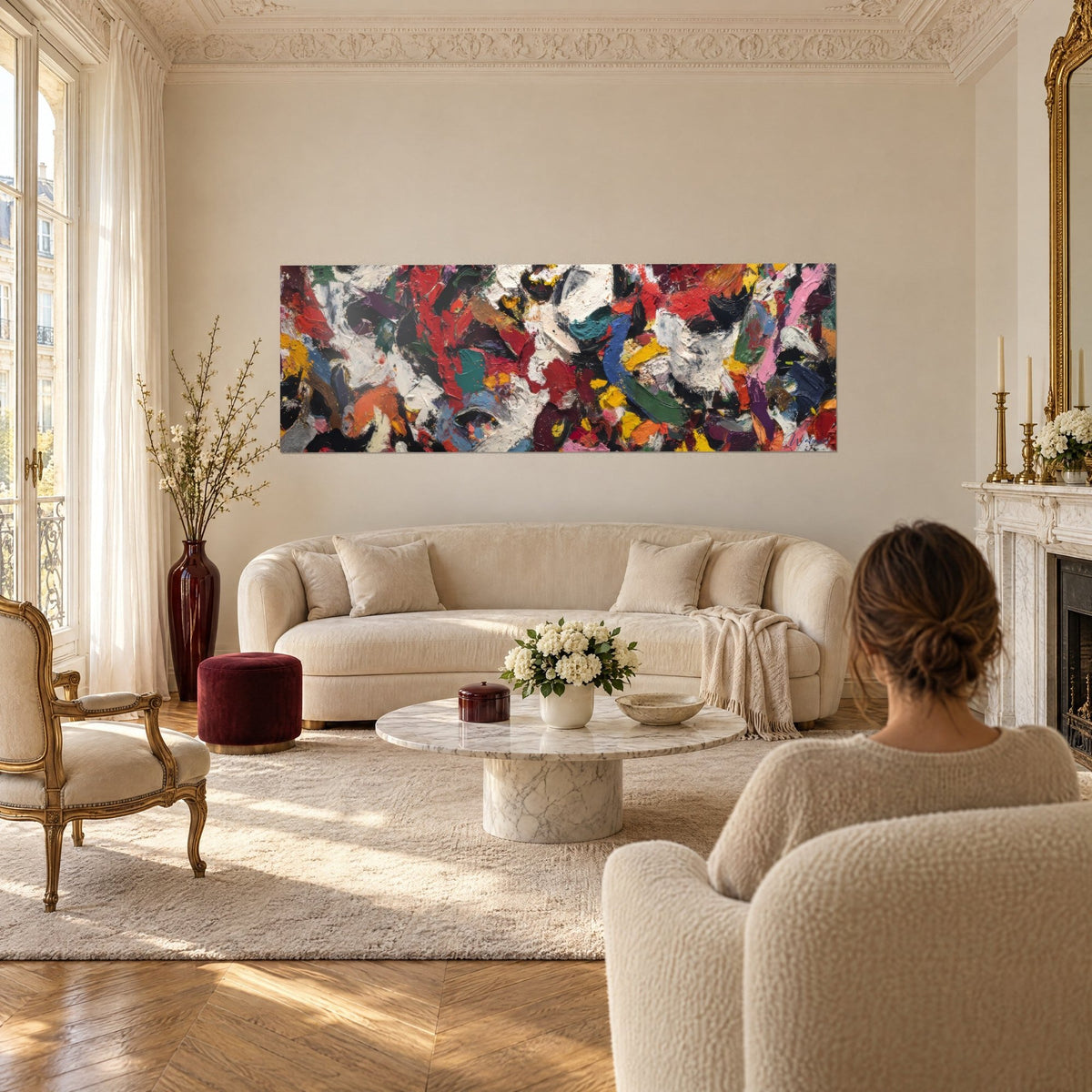 Gemälde abstraktes expressionistisches Leinwandbild mit leuchtend roten und cremeweißen pastosen Farbaufträgen, gelben Akzenten, über einem Sofa in einem hellen Wohnzimmer