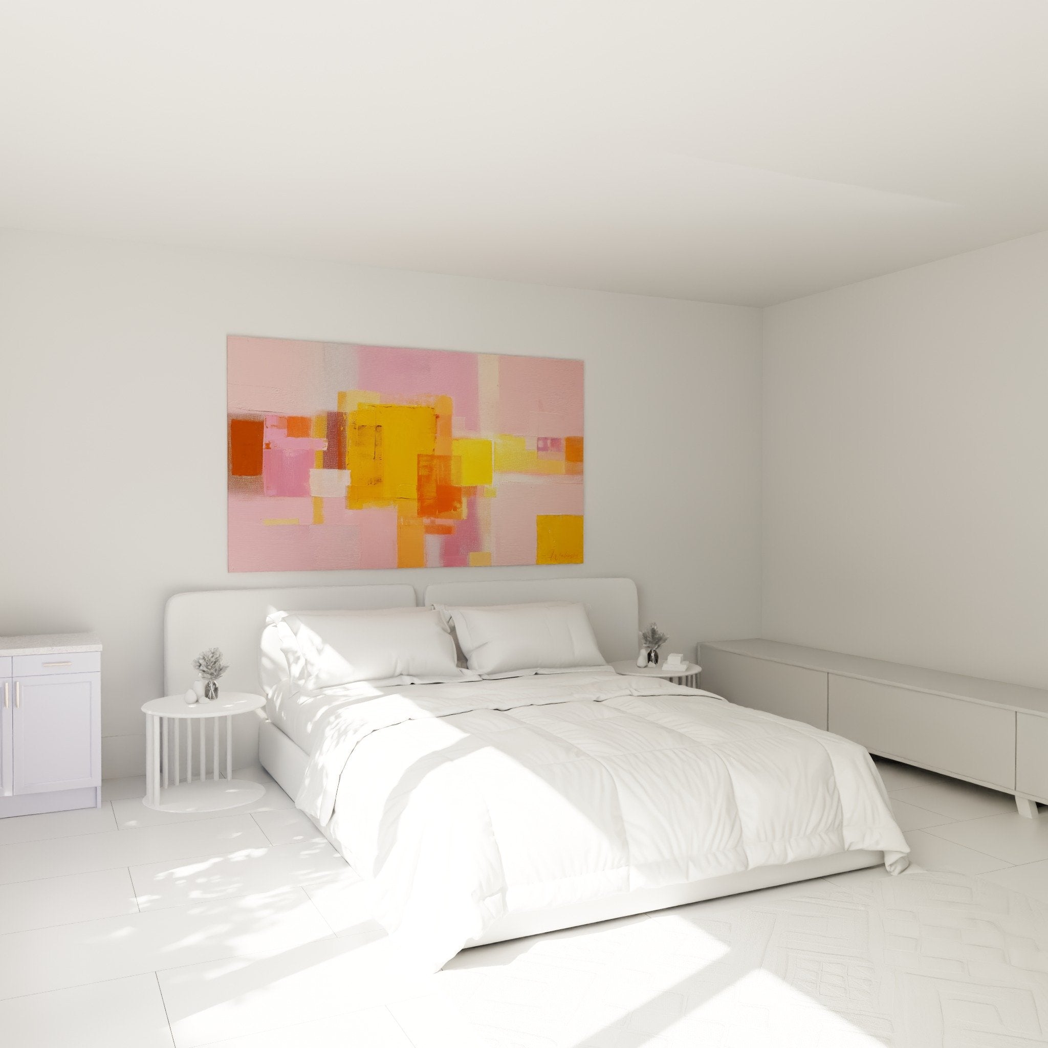Abstract wall art in pink and orange tones in modern feng shui south-west bedroom earth element decor