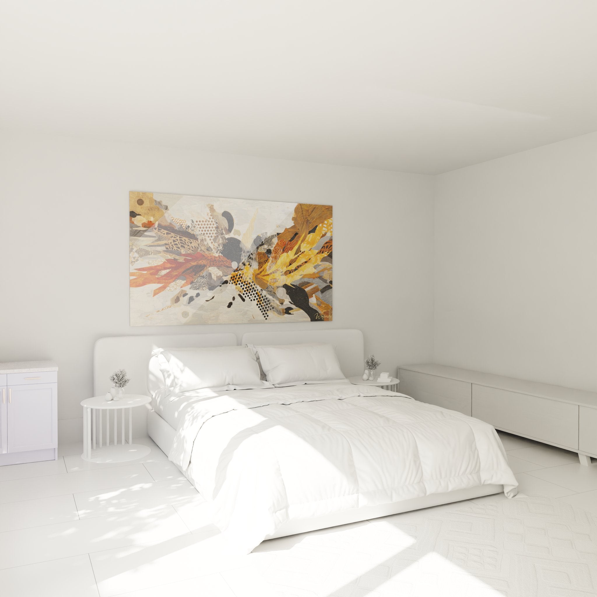 Tableau explosion abstraite décorant chambre moderne ambiance chaleureuse art mural