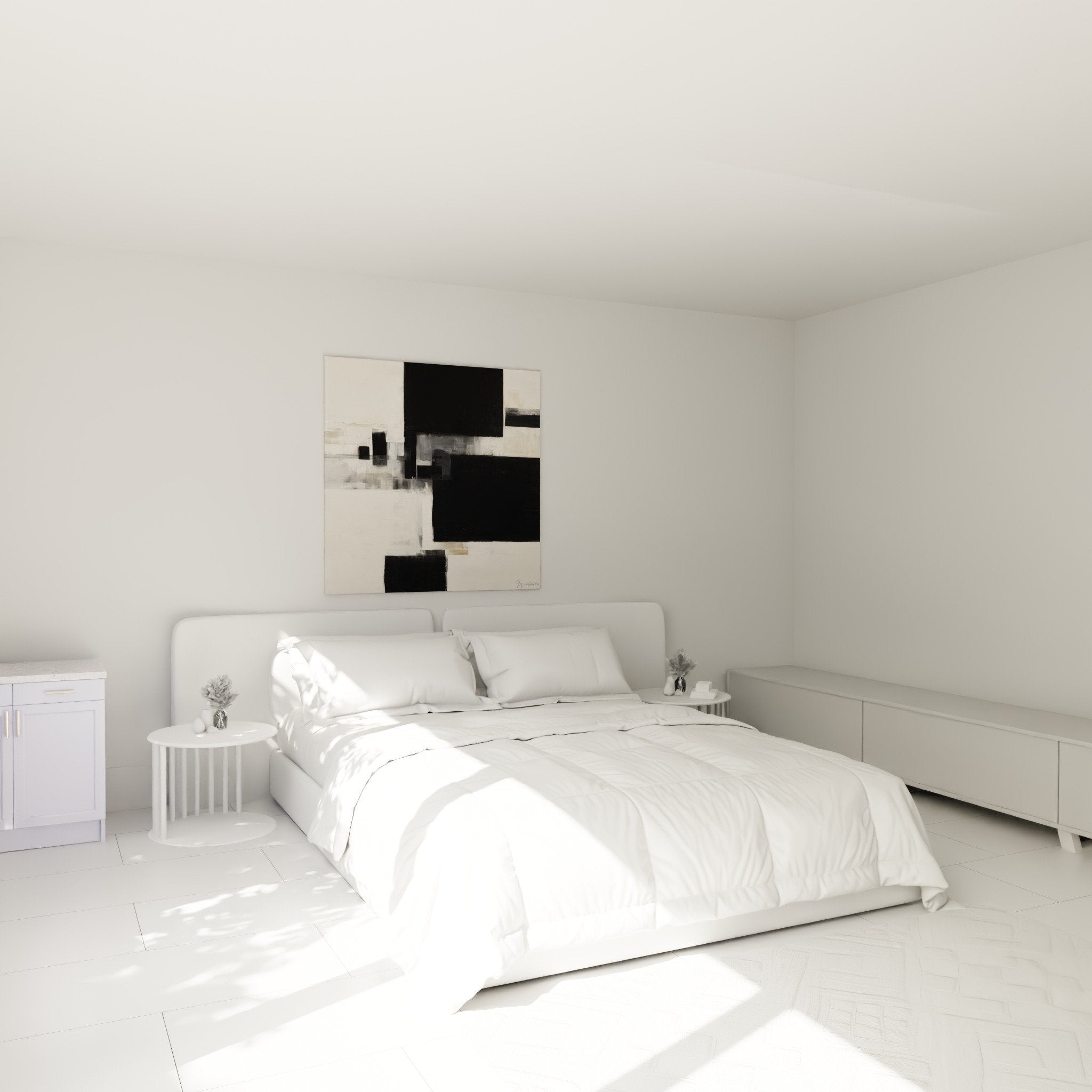 Abstract black white gray wall art in modern bedroom feng shui wall decoration