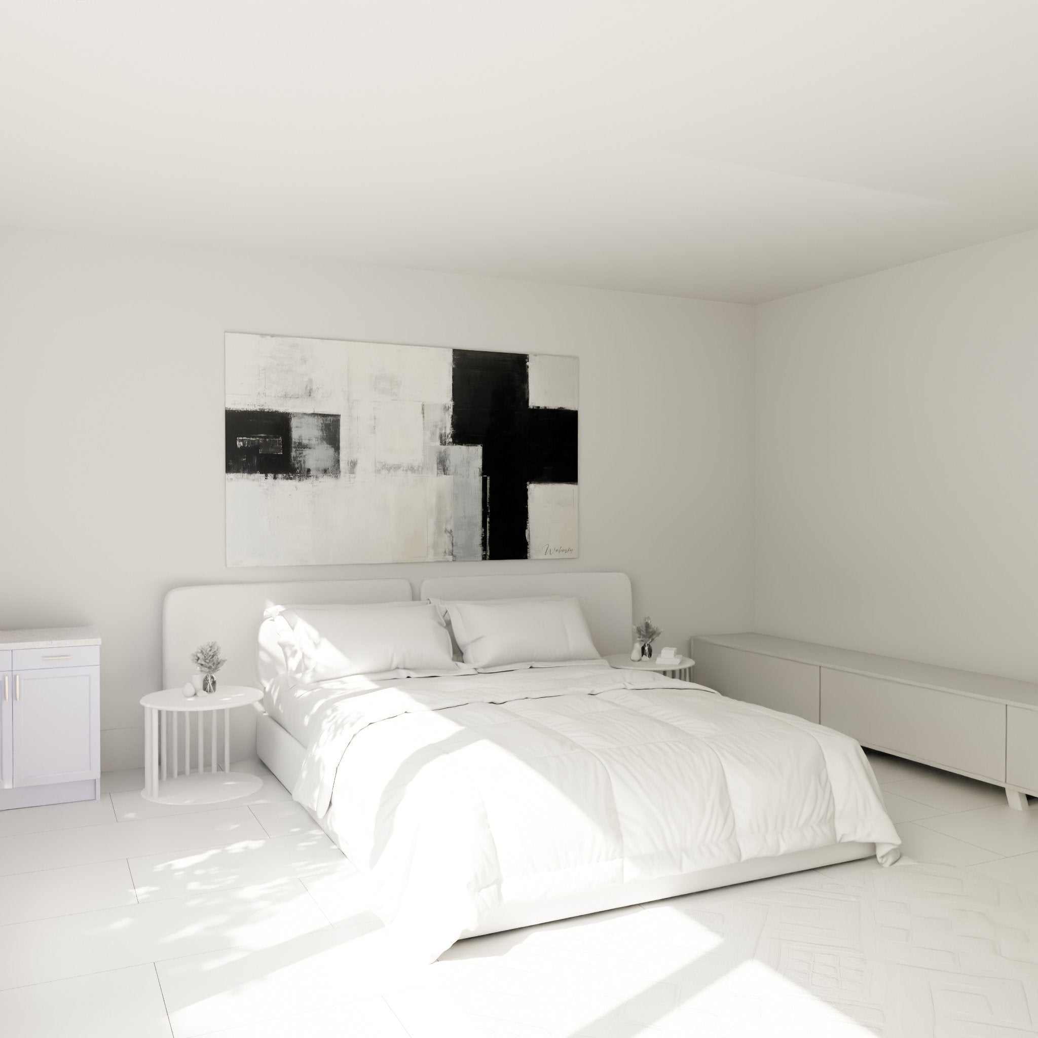 tableau abstrait monochrome noir blanc gris dans chambre moderne decoration murale feng shui ouest metal