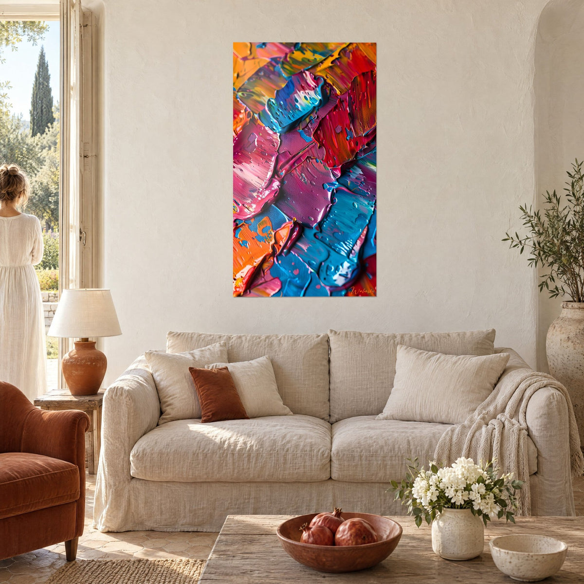 Tableau pâte épaisse magenta et turquoise, coups de spatule orange, au-dessus d'un canapé dans un salon lumineux