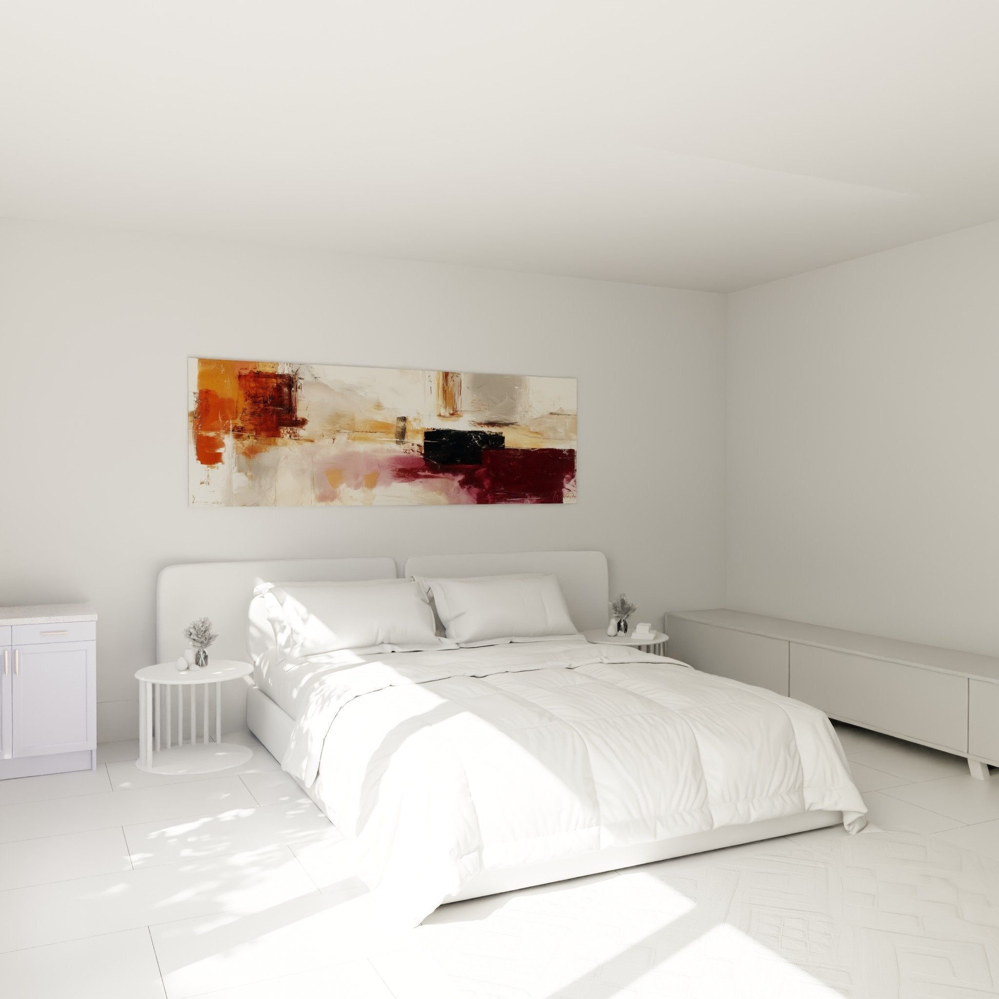 Tableau abstrait rouge bordeaux ocre au dessus lit chambre parentale decoration feng shui sud feu