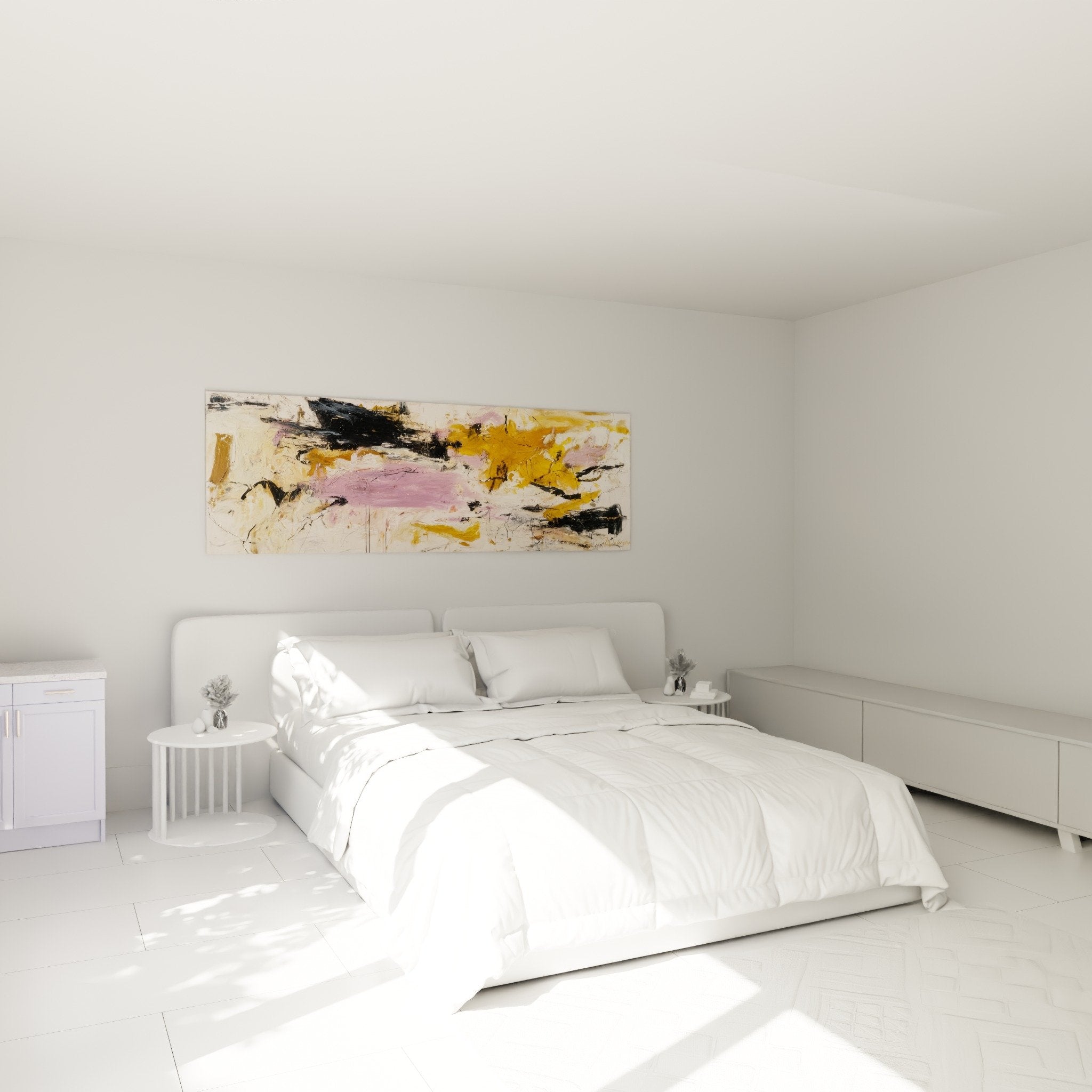 Tableau abstrait ocre et rose dans chambre parentale, ambiance douce et apaisante