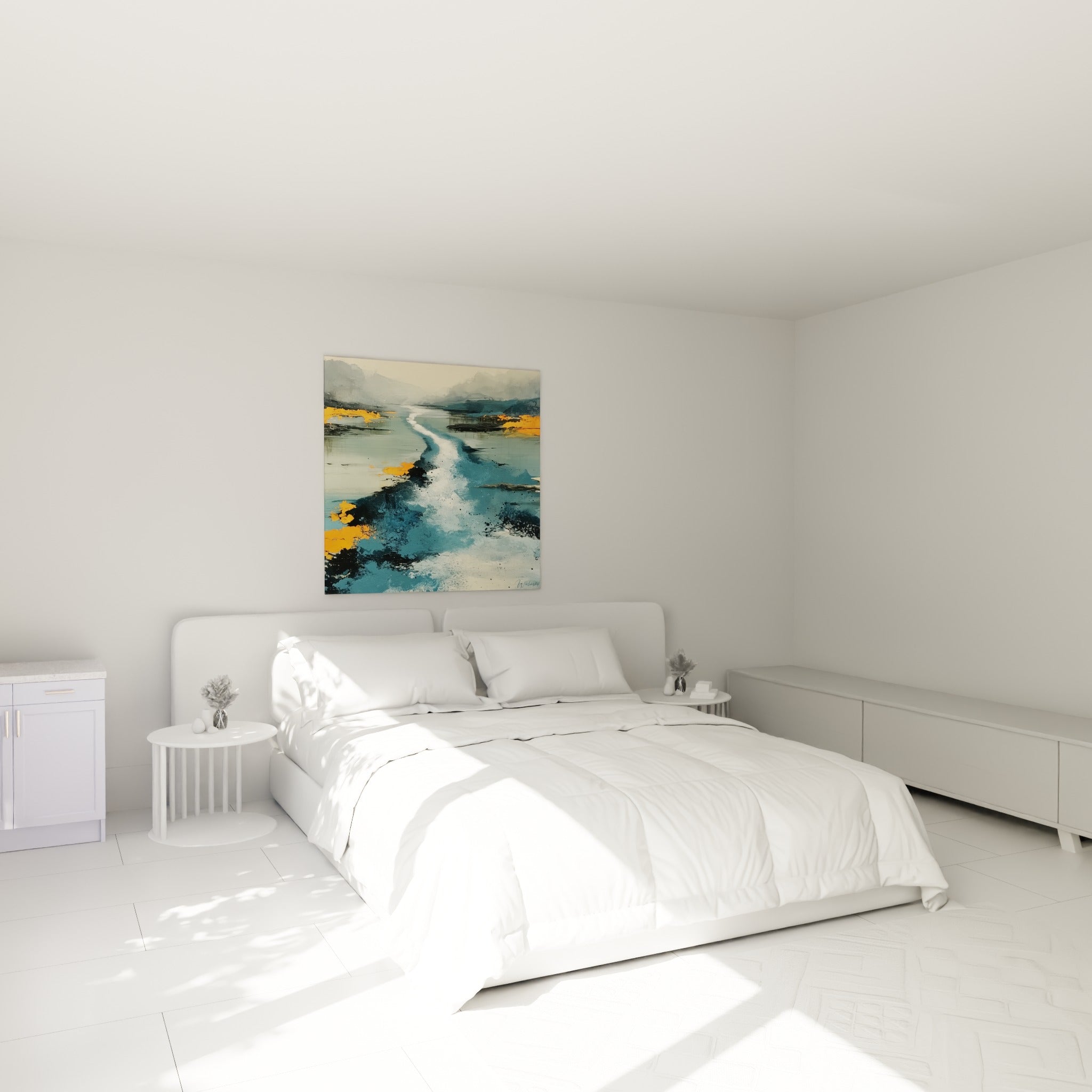 Chenal blanc et bleu ardoise serpentant vers un horizon voilé, tableau style Peinture abstrait au-dessus d'un lit dans une chambre claire