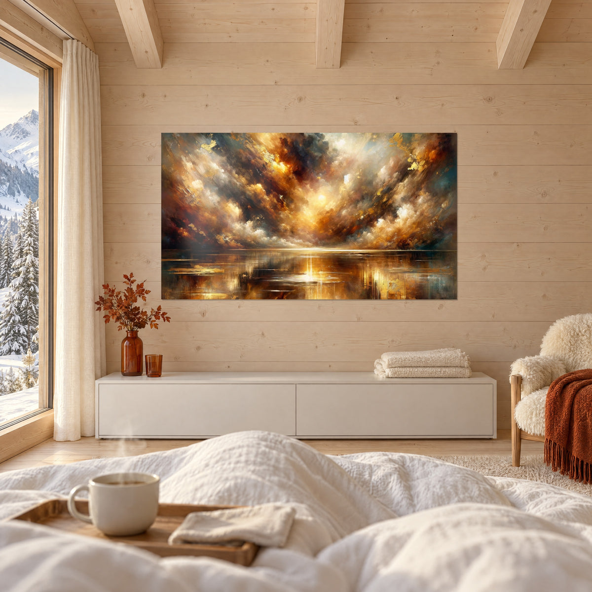 Quadro crepuscolo fiammeggiante in marroni ramati e bianchi cremosi, acqua dorata, sopra un letto in una camera luminosa