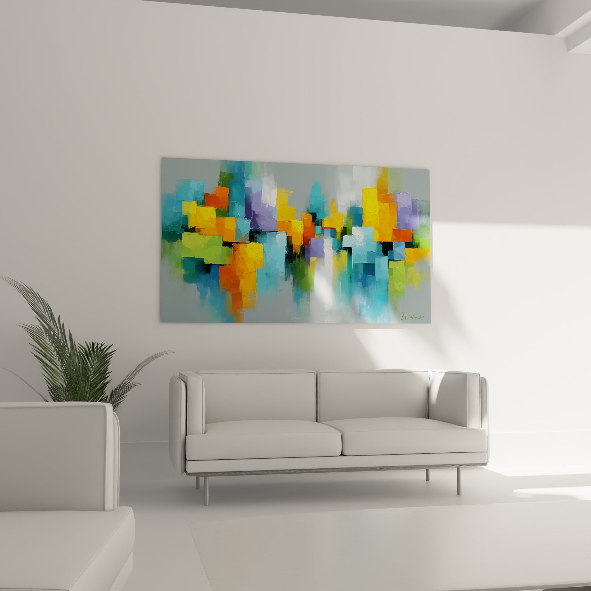 Composition abstraite bleu turquoise et jaune moutarde, disposée au-dessus d'un canapé dans un salon lumineux