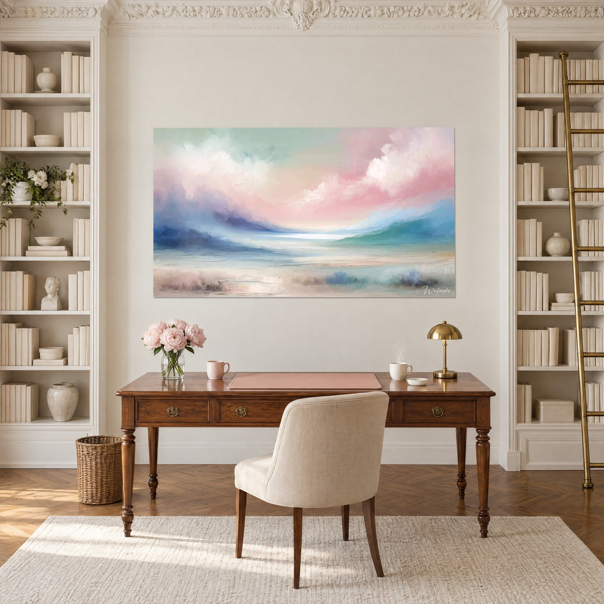 Cuadro marina impresionista con colinas azul ultramar y nubes blanco crema, colgado sobre un escritorio de madera antigua