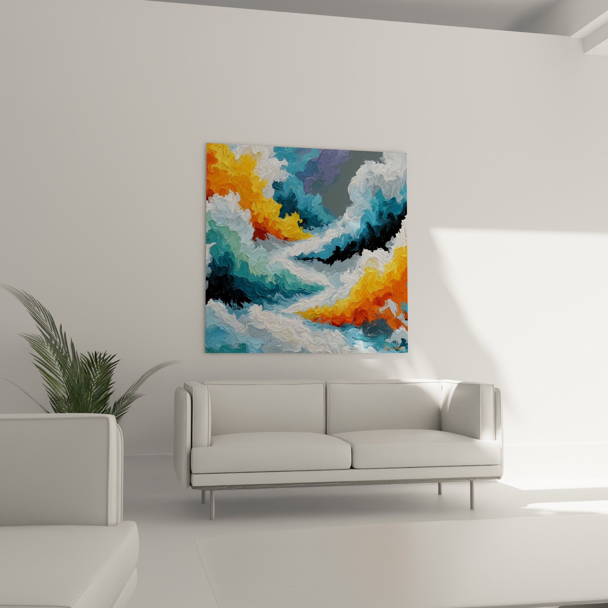 Mouvement de vagues abstraites orange et anthracite disposé au-dessus d'un canapé dans un salon lumineux