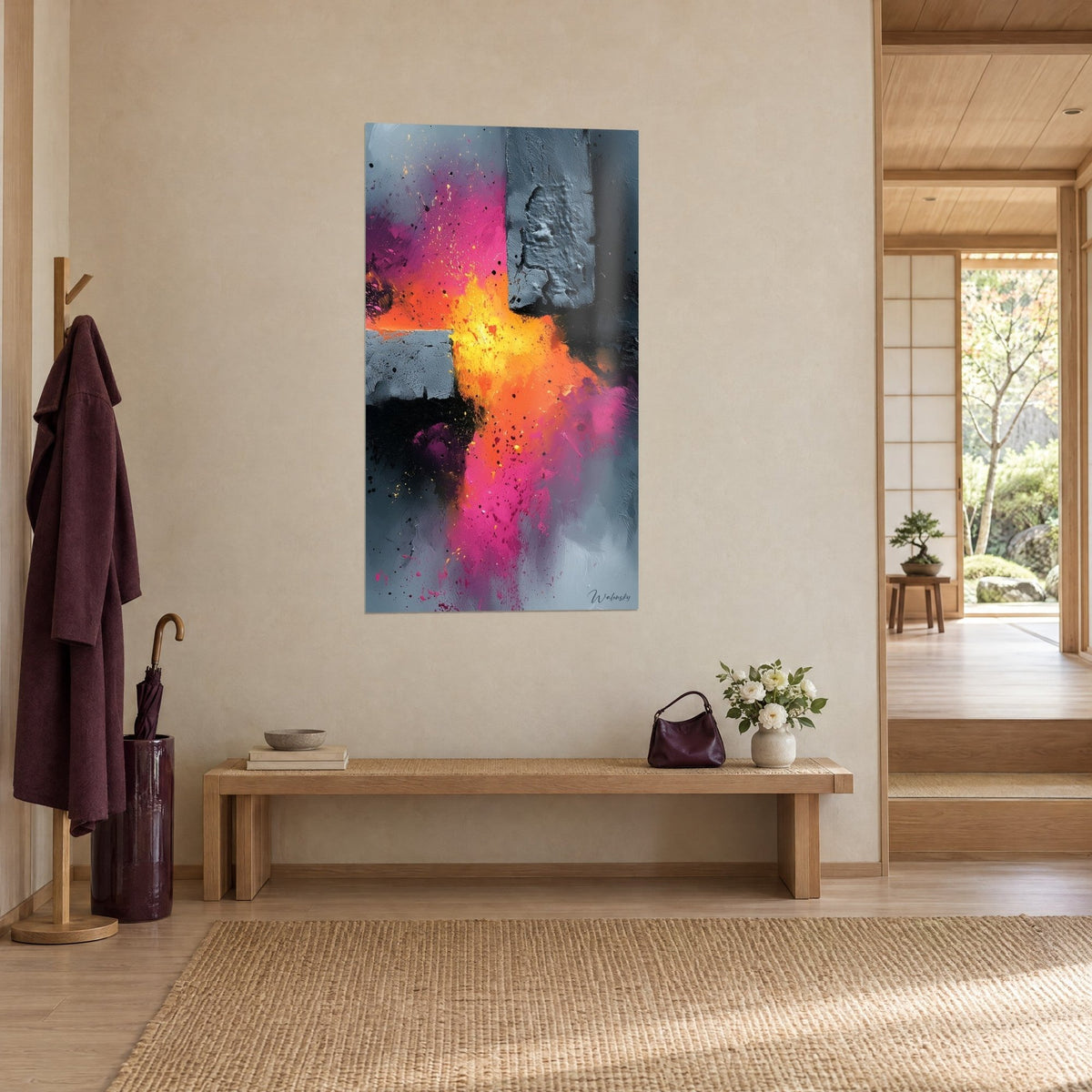 Wall art explosion of fuchsia, sunny yellow and orange pigments on broken grey blocks, three-quarter view in a japandi living room