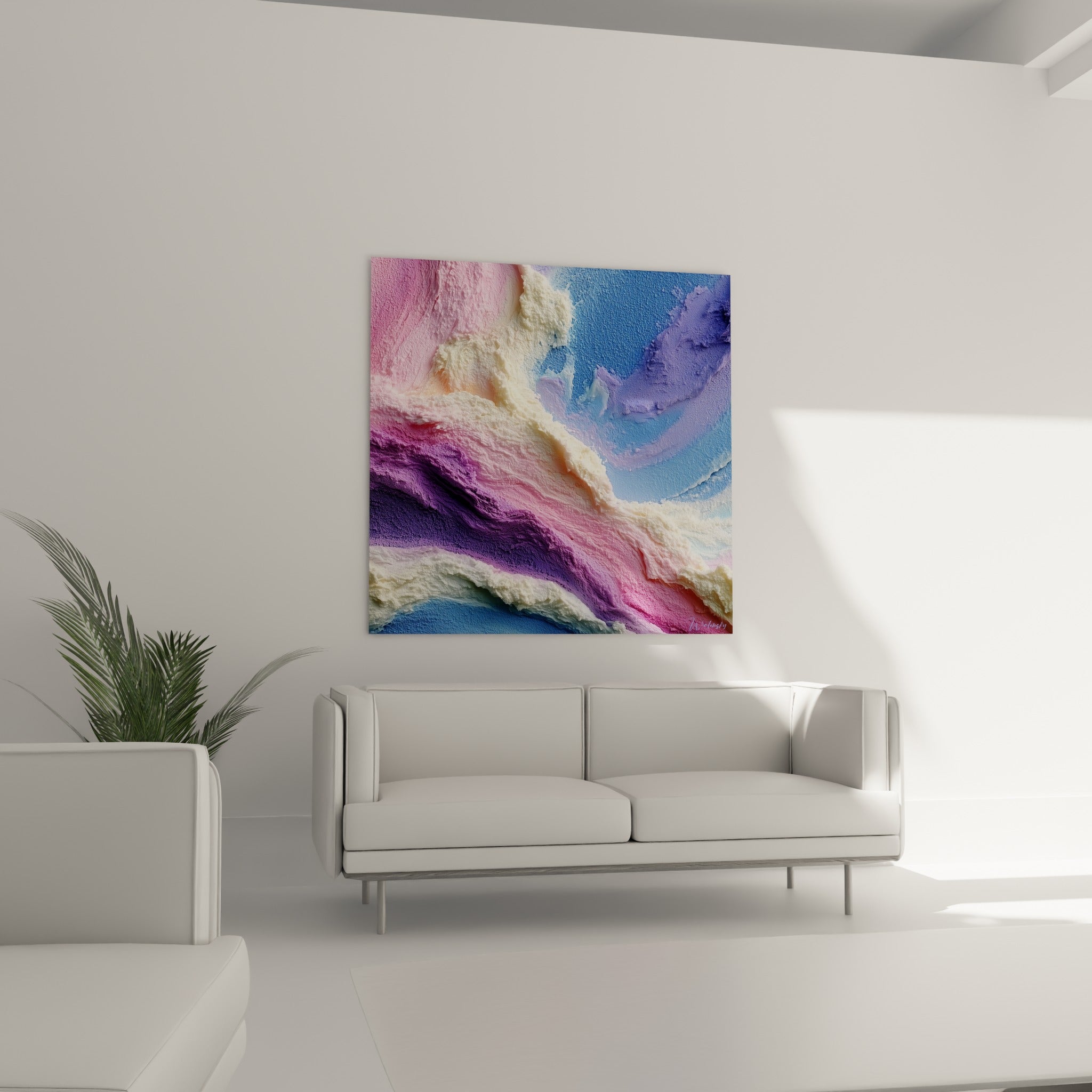 Matière fondante bleu ciel et blanc crème sur ce tableau Abstrait Coloré au-dessus d'un canapé dans un salon lumineux
