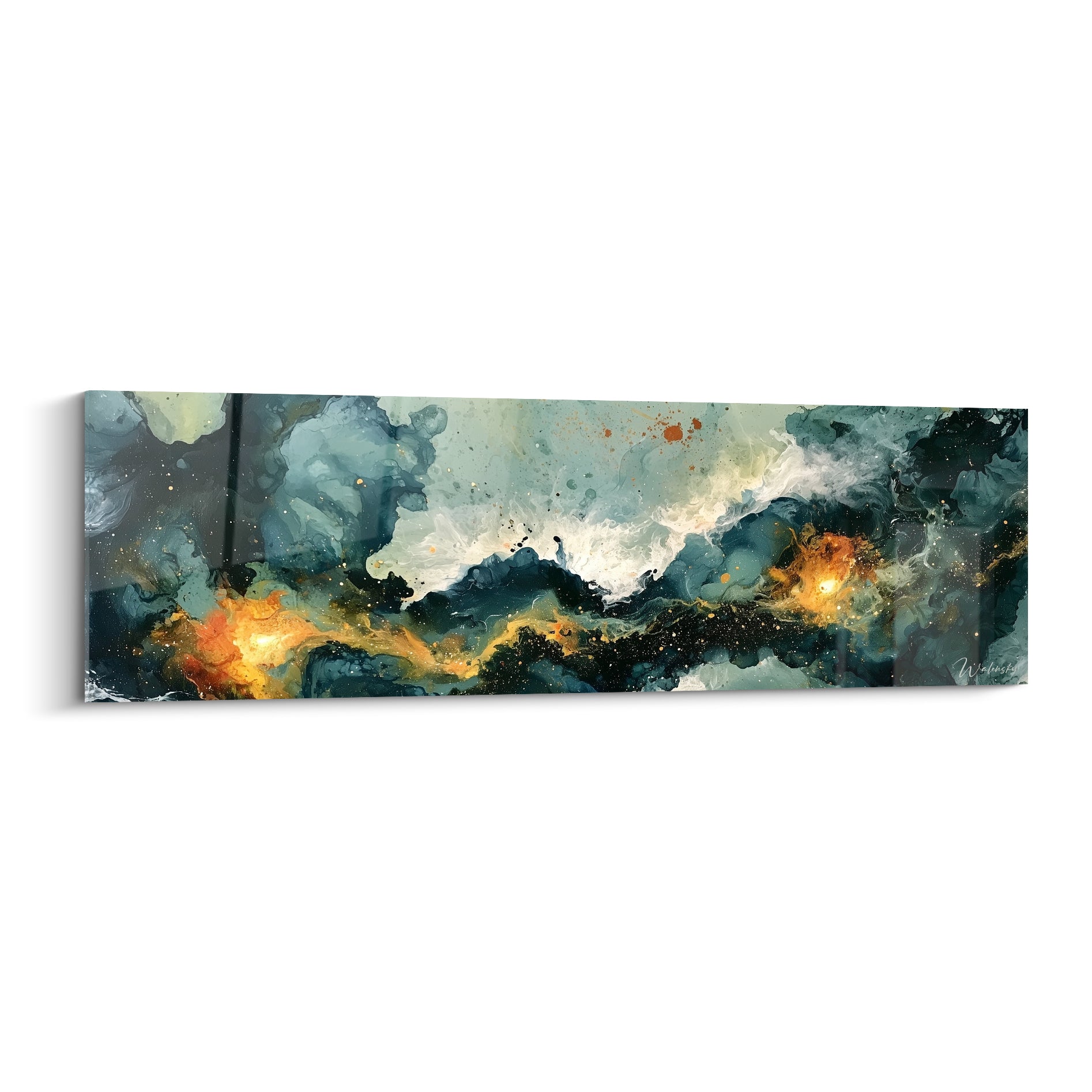 Vagues abstraites bleu pétrole et braises dorées traversées de volutes blanc crème sur toile panoramique