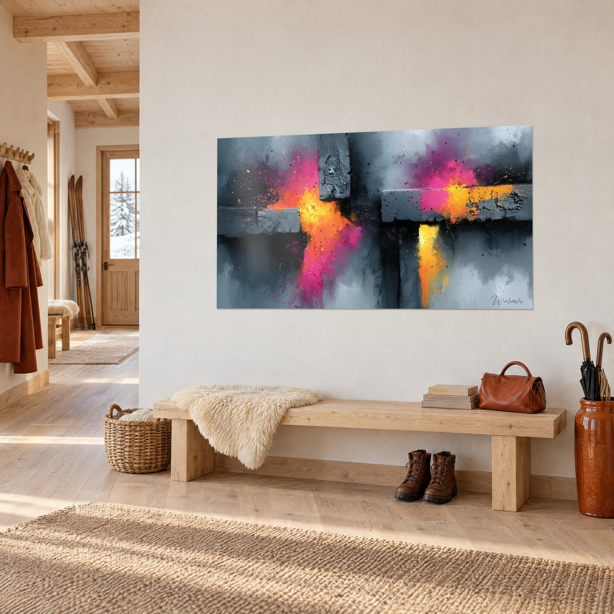 Tableau poutres de béton gris traversées d'une éruption de rose fuchsia et de jaune, banc en bois, entrée de chalet